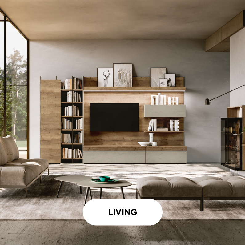 Immagine living parete attrezzata con TV in essenza