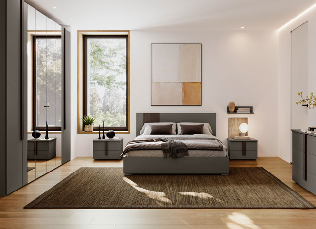 Camera matrimoniale in Grigio cenere con inserti in Cannettato Camera matrimoniale in Grigio cenere con inserti in Cannettato