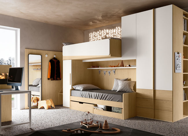 Immagine cameretta doppia con soppalco in Rovere nordico e Bianco opaco Immagine cameretta doppia con soppalco in Rovere nordico e Bianco opaco