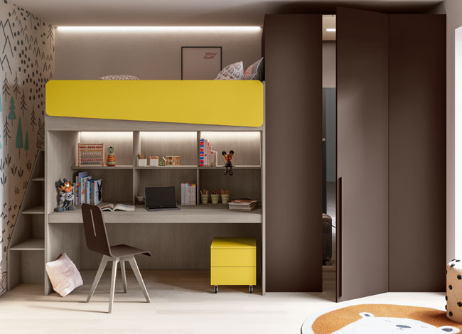 Immagine cameretta singola con soppalco, zona studio e cabinone salvaspazio in giallo e Moka Immagine cameretta singola con soppalco, zona studio e cabinone salvaspazio in giallo e Moka
