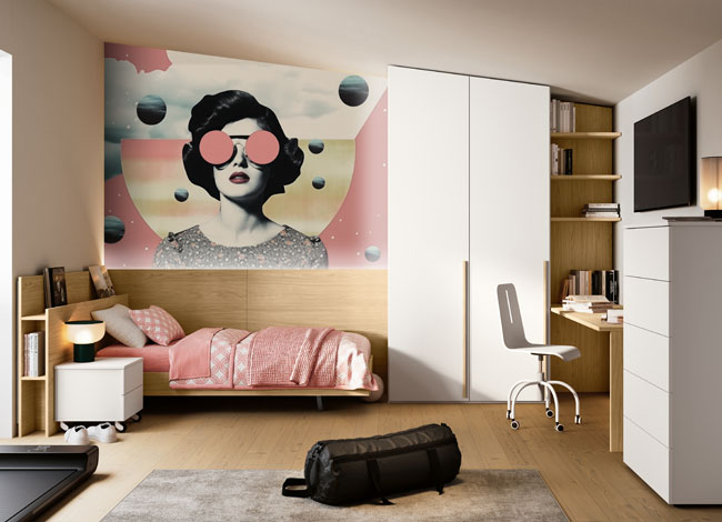 Cameretta singola con armadio personalizzato e letto con boiserie in Rovere noridico e Bianco Cameretta singola con armadio personalizzato e letto con boiserie in Rovere noridico e Bianco