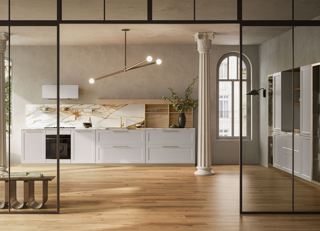 cucina lineare con anta telaio Noce biondo e PET Nebbia