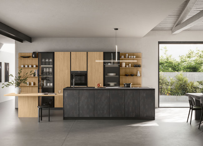 Cucina con isola nelle finiture Rovere nordico e Ossido