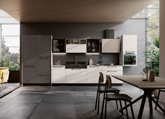 Cucina lineare in Rovere gessato, Grigio granito lucido, Grigio seta, top Rovere gessato e lavello in HPL Zebra nera