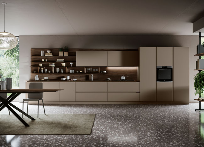 Cucina lineare in PET Noce moro, Tortora opaco, top Noce moro