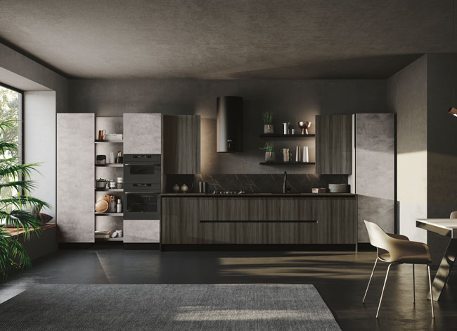 Cucina lineare con anta cannettata 3d in Noce 