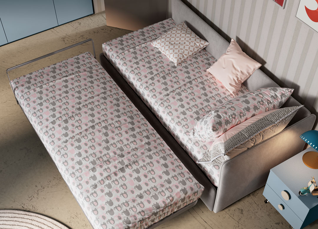 Immagine letto trasformabile in tessuto visto dall'alto con secondo letto