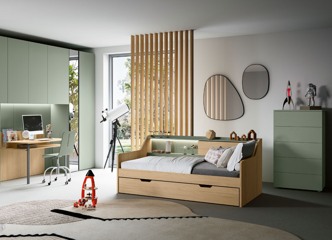 Immagine letto trasformabile in legno con secondo letto